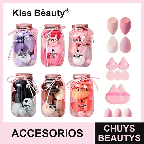 Set de Esponjas de Maquillaje Variadas Kiss Bèauty en Frascos Decorativos - Chuys Beautys | Chuys Beautys