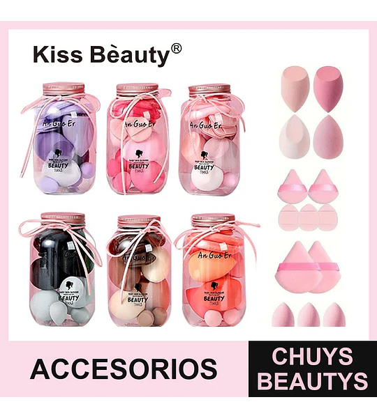 Set de Esponjas de Maquillaje Variadas Kiss Bèauty en Frascos Decorativos