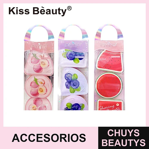 Set de 3 esponjas de maquillaje suaves con diseños frutales Kiss Beauty - Chuys Beautys | Chuys Beautys