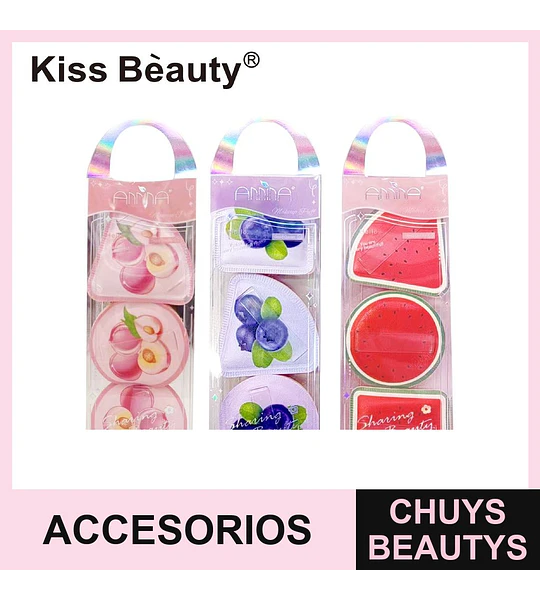 Set de 3 esponjas de maquillaje suaves con diseños frutales Kiss Beauty