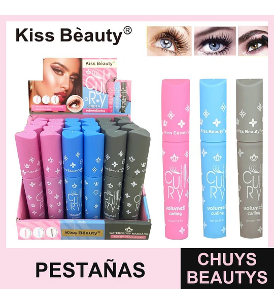 Máscara de Pestañas Waterproof Volumen y Rizado Larga Duración Kiss Beauty