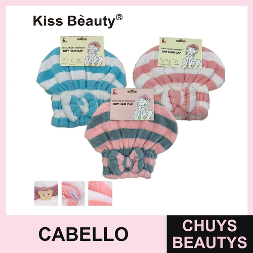 Toalla Gorro Absorbente para Secado de Cabello Coral Velvet Rayado con Moño Kiss Beauty - Chuys Beautys | Chuys Beautys