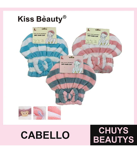 Toalla Gorro Absorbente para Secado de Cabello Coral Velvet Rayado con Moño Kiss Beauty