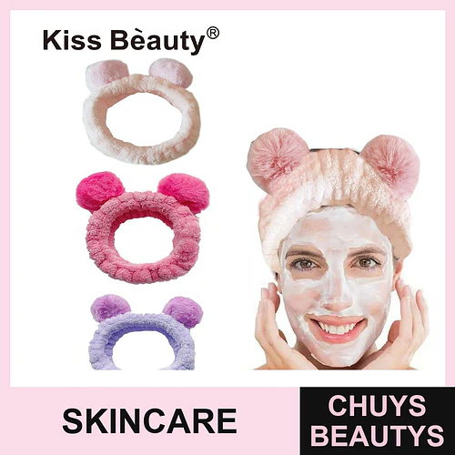 Diadema de felpa suave con orejas para rutina facial Kiss Bèauty - Chuys Beautys | Chuys Beautys