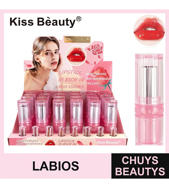 Labial Hidratante Kiss Beauty con Esencia de Rosa para Labios Suaves