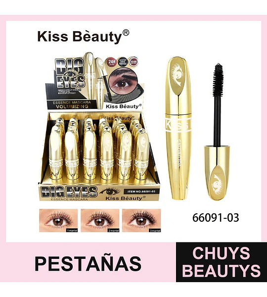 Máscara de Pestañas Voluminizadora Big Eyes Kiss Bèauty 24H Duración