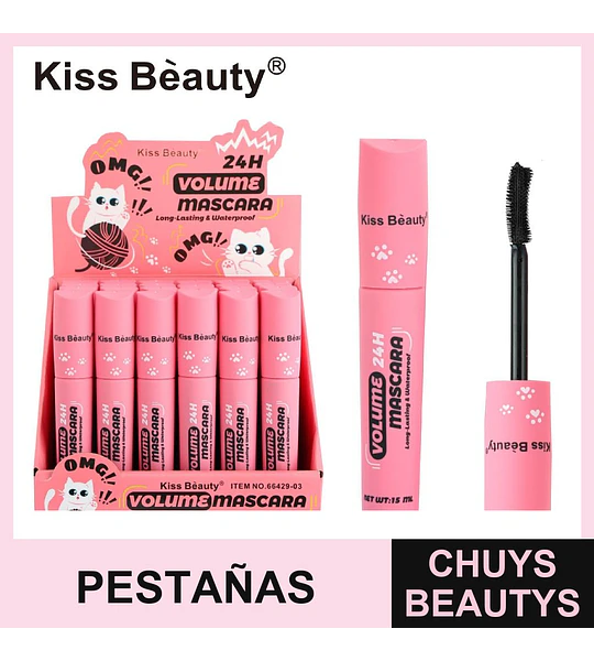 Máscara de Pestañas Kiss Beauty 24H Volumen Larga Duración a Prueba de Agua
