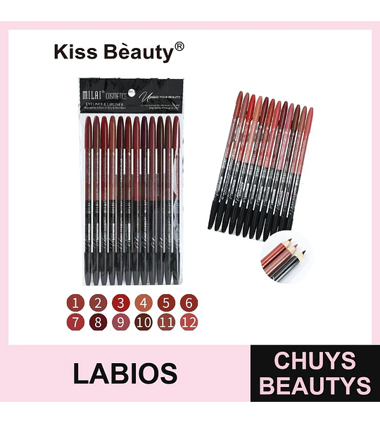 Delineadores de Ojos y Labios Larga Duración Kiss Beauty Milai, 12 Tonos