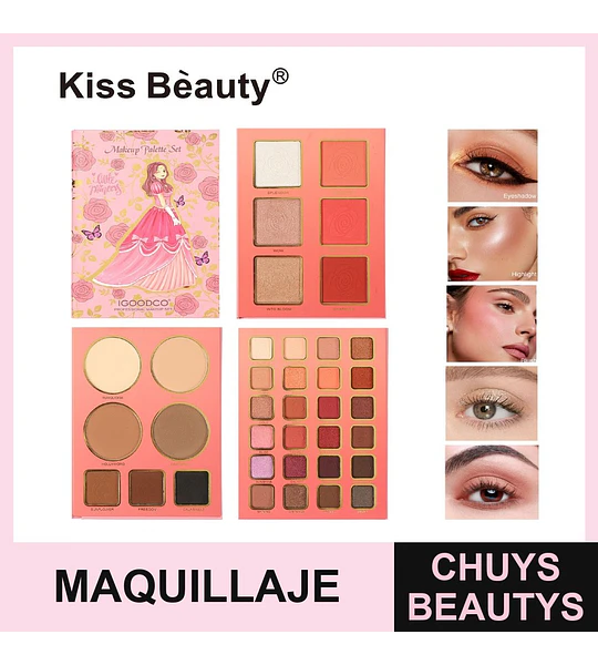 Set de Maquillaje Completo Kiss Bèauty con Paletas de Ojos, Rostro y Contorno