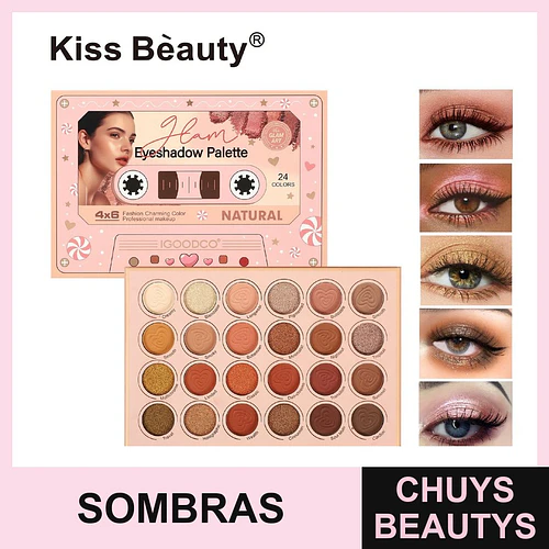 Paleta de Sombras Glam Natural de 24 Tonos Kiss Beauty - Chuys Beautys | Chuys Beautys