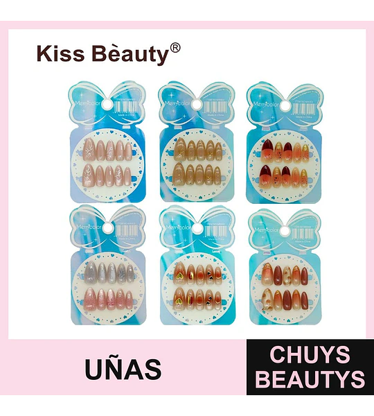 Uñas postizas almendradas Kiss Beauty con diseños variados y elegantes