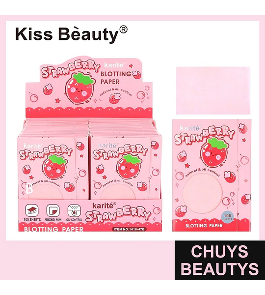 Papel absorbente de grasa Kiss Beauty Karité Fresa para control de brillo