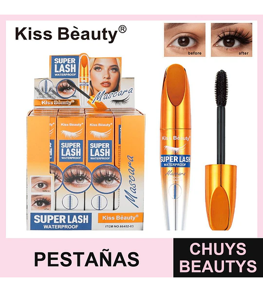 Máscara de Pestañas Waterproof Super Lash Kiss Beauty para Volumen Duradero