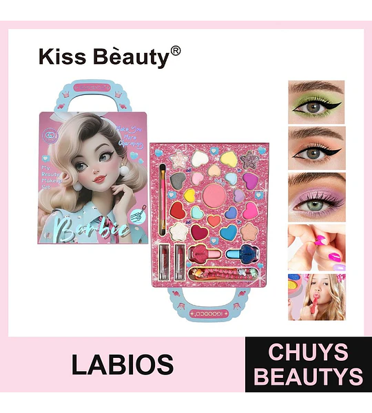Set de Maquillaje Infantil Kiss Beauty Barbie con Sombras y Brillo Labial