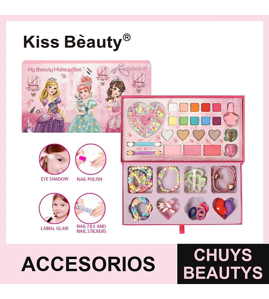 Set de Maquillaje y Accesorios para Niñas Kiss Bèauty con 48 Piezas