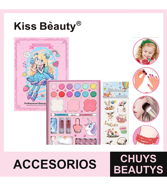 Set de Maquillaje y Accesorios Infantil Kiss Bèauty con 72 Piezas