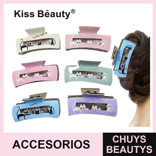 Pinzas para el pelo rectangulares Kiss Bèauty con diseño de gatos de la suerte - Chuys Beautys | Chuys Beautys