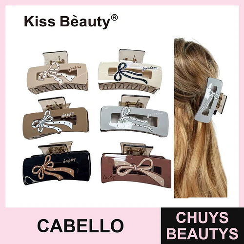 Pinzas para el cabello rectangulares Kiss Beauty con diseño de lazo y texto variado - Chuys Beautys | Chuys Beautys