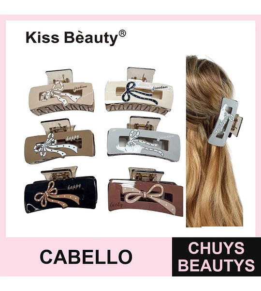 Pinzas para el cabello rectangulares Kiss Beauty con diseño de lazo y texto variado
