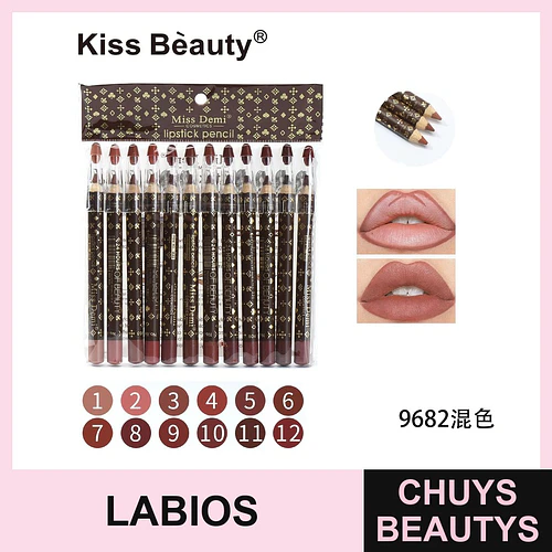 Set de 12 Delineadores Labiales Larga Duración Kiss Beauty Miss Demi - Chuys Beautys | Chuys Beautys