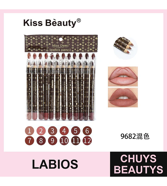 Set de 12 Delineadores Labiales Larga Duración Kiss Beauty Miss Demi