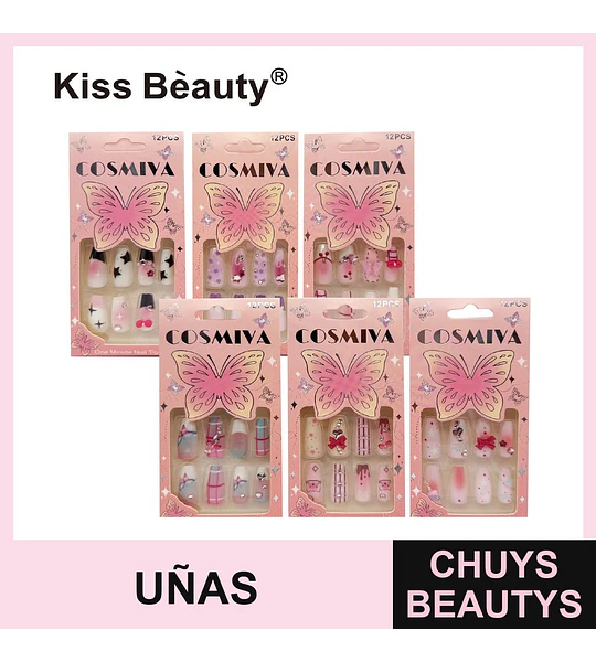 Uñas postizas Kiss Bèauty Cosmiya con diseños variados para aplicación rápida