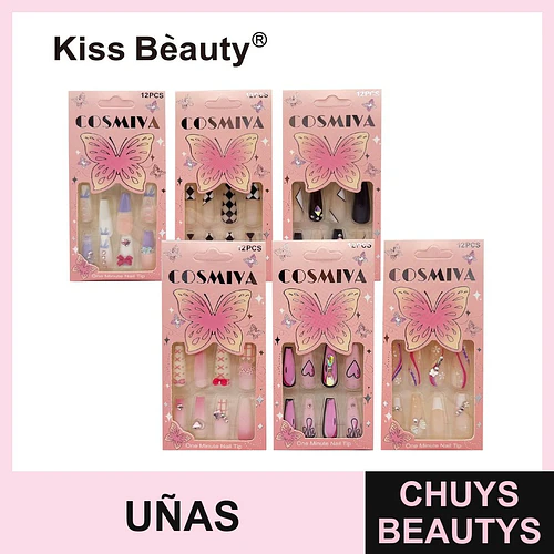 Set de Uñas Postizas Adhesivas Kiss Beauty COSMIYA con Diseños Variados - Chuys Beautys | Chuys Beautys