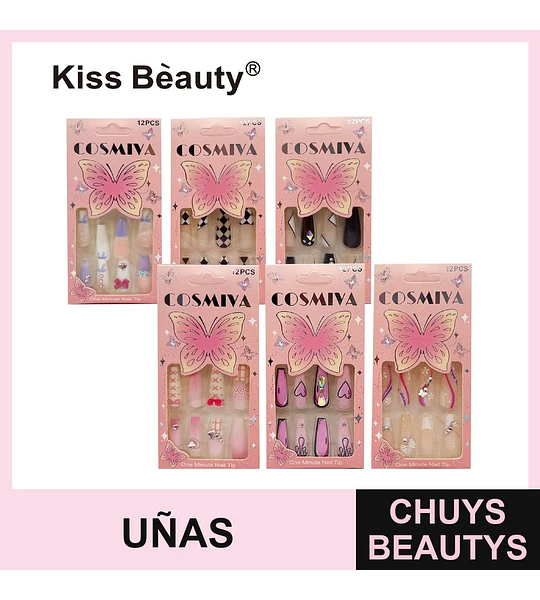 Set de Uñas Postizas Adhesivas Kiss Beauty COSMIYA con Diseños Variados
