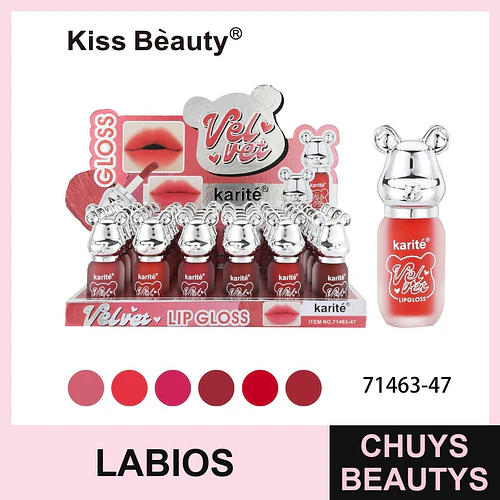 Brillo labial Velvet Karité con aplicador y tapa oso Kiss Bèauty - Chuys Beautys | Chuys Beautys
