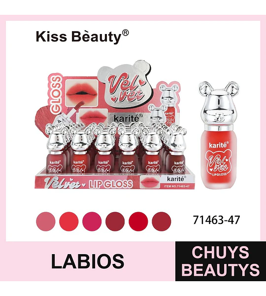 Brillo labial Velvet Karité con aplicador y tapa oso Kiss Bèauty