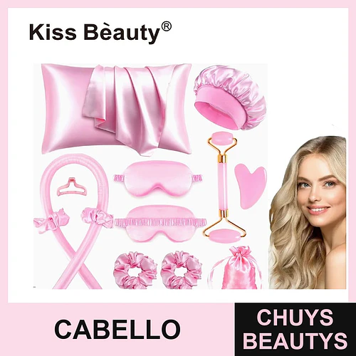 Set de Accesorios de Belleza y Cuidado Capilar de Satén Rosa Kiss Bèauty - Chuys Beautys | Chuys Beautys