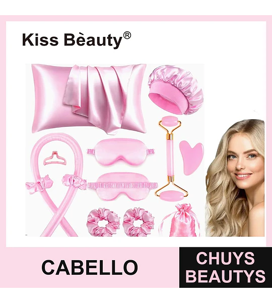 Set de Accesorios de Belleza y Cuidado Capilar de Satén Rosa Kiss Bèauty