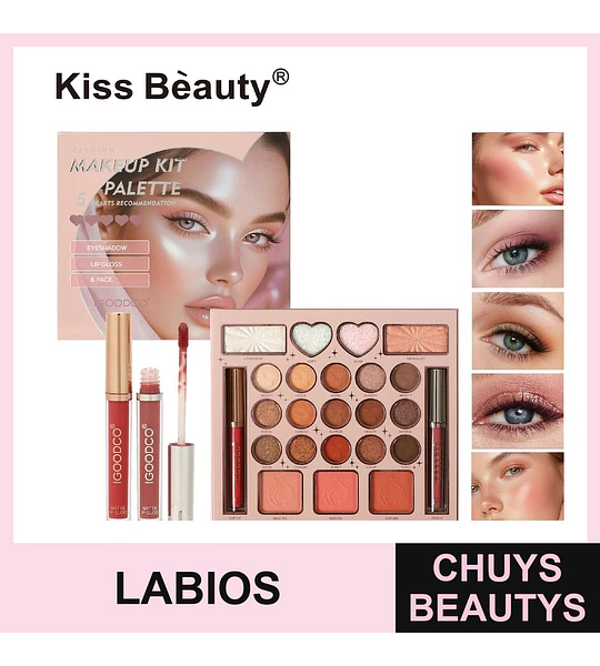 Kit de Maquillaje Completo Kiss Beauty con Paleta de Sombras, Rubores y Labiales