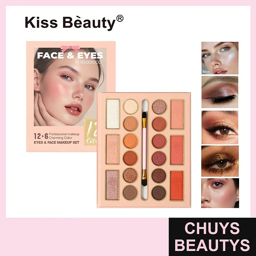Paleta de Maquillaje Kiss Beauty para Ojos y Rostro con 18 Tonos Profesionales - Chuys Beautys | Chuys Beautys