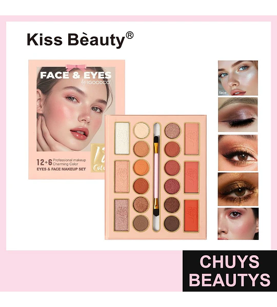 Paleta de Maquillaje Kiss Beauty para Ojos y Rostro con 18 Tonos Profesionales