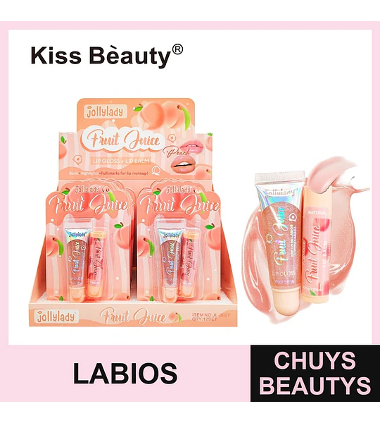 Dúo Labial Jollylady Fruit Juice Brillo y Bálsamo con Aroma a Durazno