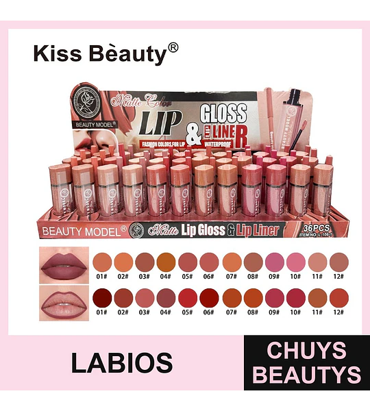 Set de Brillo Labial Matte y Delineador Waterproof Kiss Beauty Beauty Model