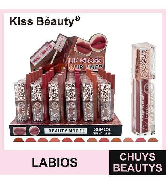 Dúo Labial Matte Kiss Beauty L-226-1 con Brillo y Delineador