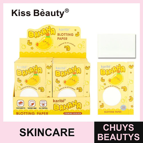 Papel absorbente facial Kiss Beauty Karité con control de brillo y diseño de banana - Chuys Beautys | Chuys Beautys