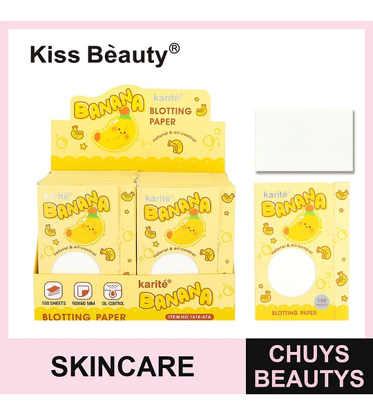 Papel absorbente facial Kiss Beauty Karité con control de brillo y diseño de banana