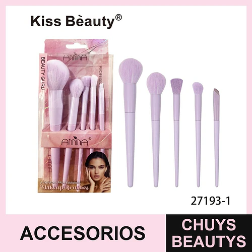 Set de 5 brochas profesionales de maquillaje Kiss Bèauty color lavanda - Chuys Beautys | Chuys Beautys