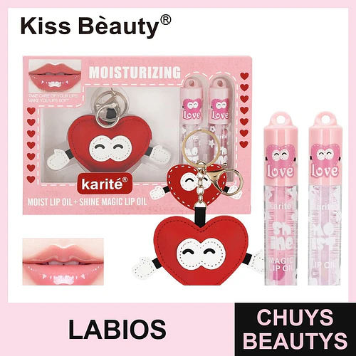 Set de Aceites Labiales Hidratantes y Brillantes Kiss Beauty con Llavero Corazón - Chuys Beautys | Chuys Beautys