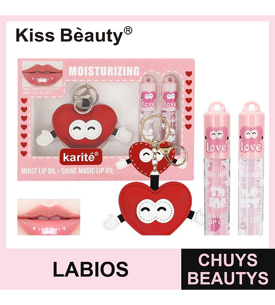 Set de Aceites Labiales Hidratantes y Brillantes Kiss Beauty con Llavero Corazón