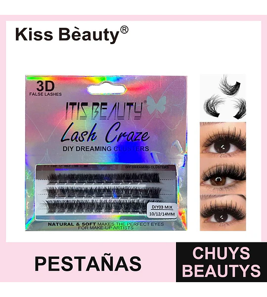 Pestañas Postizas 3D Clusters Mixtos 10/12/14mm Efecto Natural Kiss Bèauty