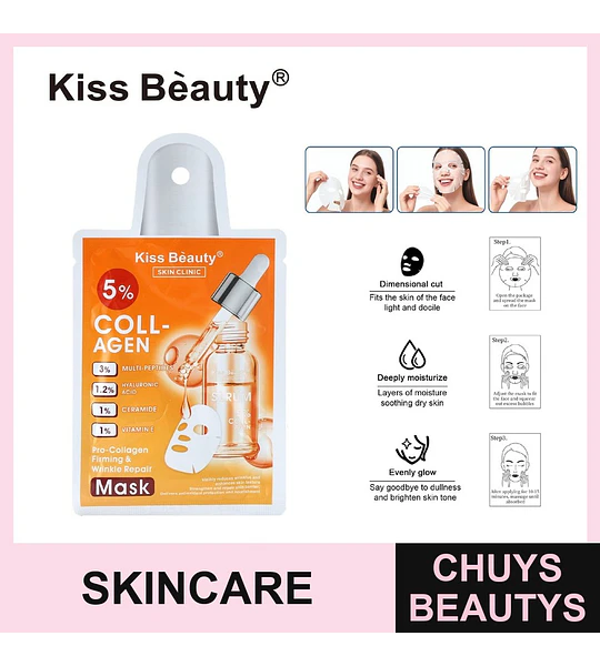 Mascarilla facial Kiss Bèauty 5% Colágeno para firmeza y reparación de arrugas