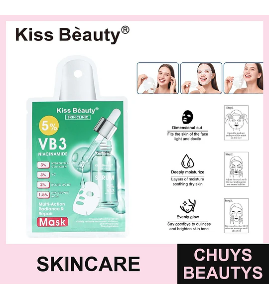 Mascarilla facial Kiss Bèauty con 5% Niacinamida VB3 para luminosidad y reparación