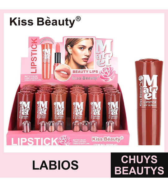 Labial Matte Larga Duración Kiss Beauty con Protección Solar SPF 30 PA+++