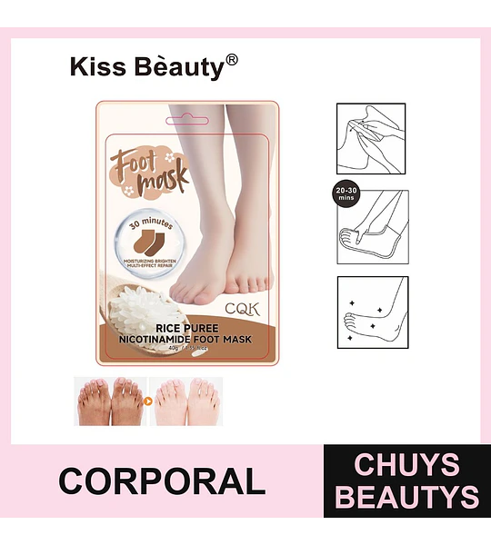 Mascarilla de Pies con Nicotinamida y Arroz Kiss Beauty para Hidratación y Brillo