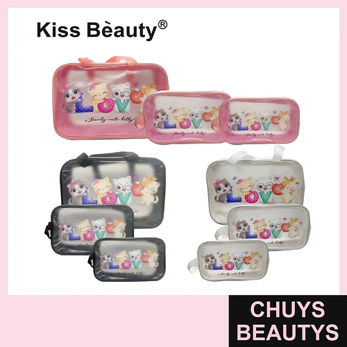 Set de Neceser Transparente Kiss Bèauty con Diseño de Gatos LOVE, 3 Tamaños - Chuys Beautys | Chuys Beautys