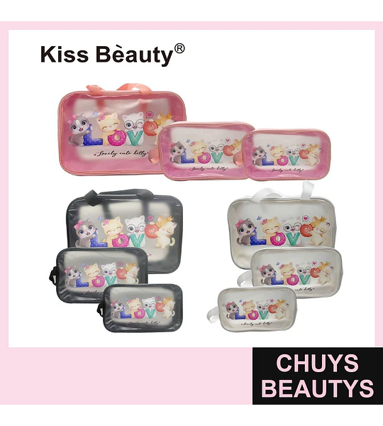 Set de Neceser Transparente Kiss Bèauty con Diseño de Gatos LOVE, 3 Tamaños